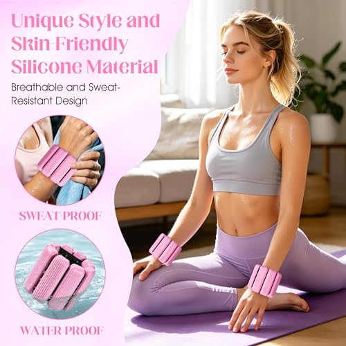 Wrist Weights, 2Pack Adjustable Ankle Weights for Women/Men, Silicone Weighted Bangles for Yoga, Pilates, Running & Walking, Arm & Leg Weights, 2lb - color: Pink