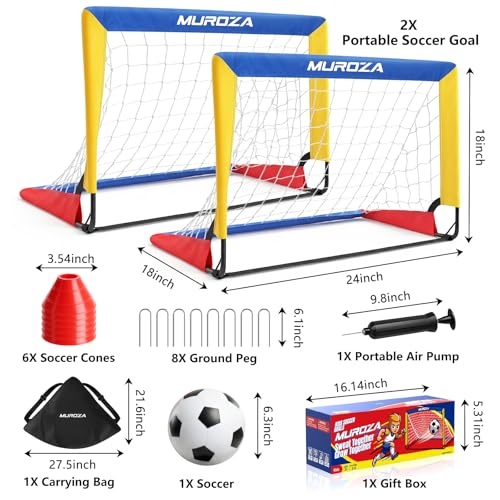 Kids Soccer Goal, Soccer Goals for Backyard Set | 2 Pack 2x1.5ft Portable Pop Up Soccer Nets with Ball and Cones, Soccer Training Set for Toddlers, Indoor & Outdoor Games - color: Red, Yellow, Blue