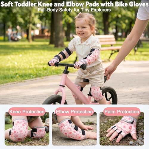 Soft Toddler Knee Pads and Elbow Pads Set with Bike Gloves | Non-Slip Toddler Knee Pads for Boys Girls 2-4 Years, Breathable Kids Protective Gear for Balance Bike, Scooter, Bicycle - color: Pink Flowers