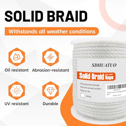 SDHUATUO 5/16 Inch Nylon Solid Braided Rope, 200FT Polyester Cord White | 1760 lbs, UV Resistant & Wearproof, Soft Flexible Rope for Swings, Camping Tent, Flagpole, Outdoor Twine, Dog Leashes - color: White, size: 5/16''-200ft