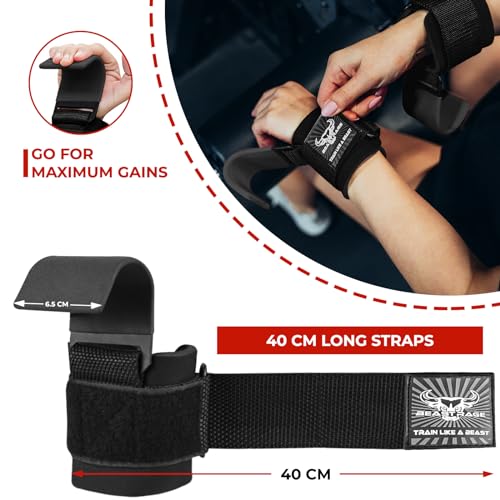 BEAST RAGE Weight Lifting Hooks (Pairs) for Men Anti Slip Durable Coated Grip Wrist Straps for Pull Ups Deadlift Strength Fitness Bodybuilding Women Hook Exercise - color: Black