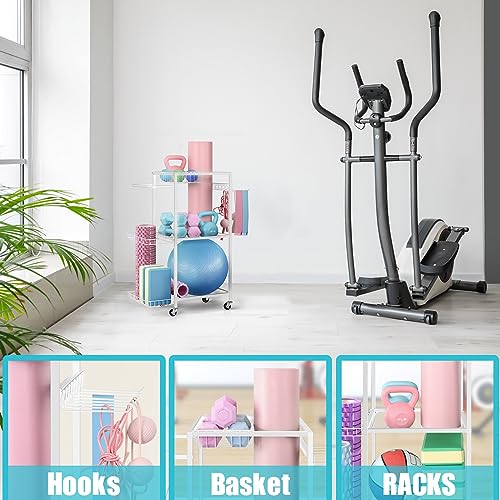 LIANTRAL Yoga Mat Storage Rack - Metal Gym Organizer for Yoga Mats, Foam Rollers & Fitness Equipment, Space Saving Workout Equipment Storage Rack for Home Exercise and Fitness Gear - color: White