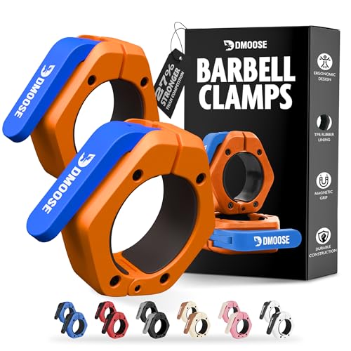 DMoose Fitness Barbell Clips 2 Inch (Pair) - Quick Release Olympic Barbell Clamps & Collars with Anti Slip TPR Grip for Secure Weightlifting and Powerlifting - Weight Clips for Bars at Home or Gym - color: Orange, style: Magnetic