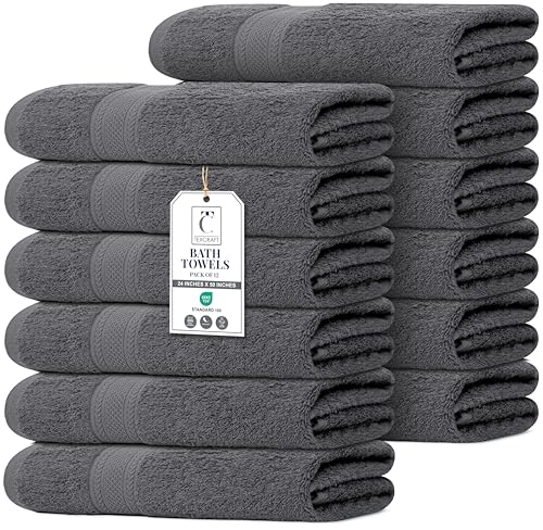 Commercial Bulk Pack of 12 Large Bath Towels – 100% Cotton Terry 24" x 50" – Ideal for Hotels, Salons, Gyms, Spas & Institutional Use – Charcoal Grey - color: Charcoal Grey, size: 24"x50" - PK 12