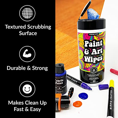 HIPPIE CRAFTER Paint and Art Wipes, 1 Pack (50 Piece) Heavy-Duty Cleaning Wipes for Paint, Epoxy, Glue, Latex & Acrylic Stains, Safe for Hands, Brushes, Plastic, Metal, Wood & Floors