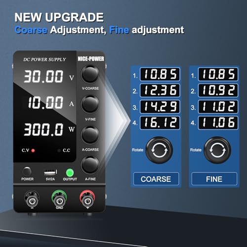 NICE-POWER DC Power Supply Variable 30V 10A, Adjustable Switching Regulated DC Bench Power Supply with Output Switch High Precision 4-Digit LED Display, Benchtop Lab Power Supplies with 5V/2A USB Port - size: 30V 10A