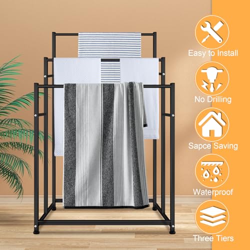 47.6 Inch Tall Free Standing Towel Racks 3 Tier Pool Towel Rack Outdoor Oversized Floor Bath Towel Drying Valet Holder Blanket Quilt Rack Stand for Bathroom Bedroom Beach Hot Tub Gym Pool Area Outside - color: Black