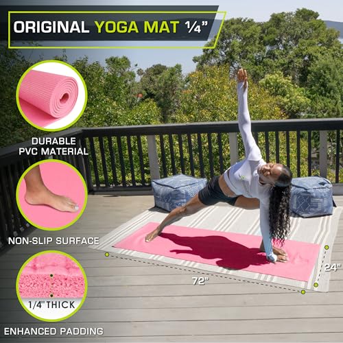 ProsourceFit Original Yoga Exercise Mat 1/4” (6mm) Thick for Comfort and Stability with Carrying Straps, Non Slip –Multiple Colors - color: Pink