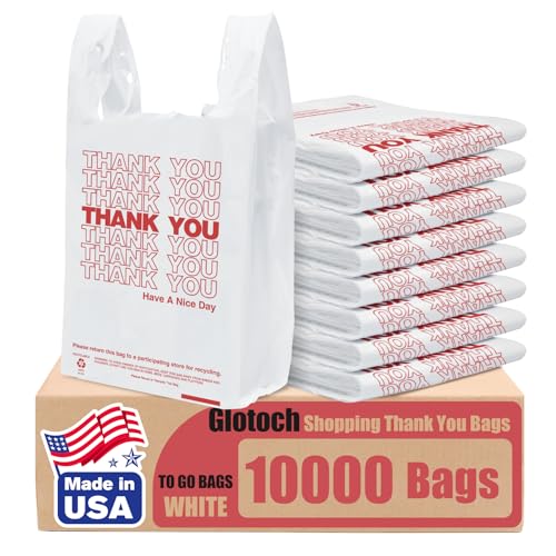 Glotoch 10000 (10K) Count Plastic Thank You Bags for Small Business in Bulk, 11.5 x 6.5 x 21" White Grocery Bag with Handles for Restaurant, Retail, Takeout, Convenience Stores, Shopping T-shirt bags - color: White, size: 10000 Count