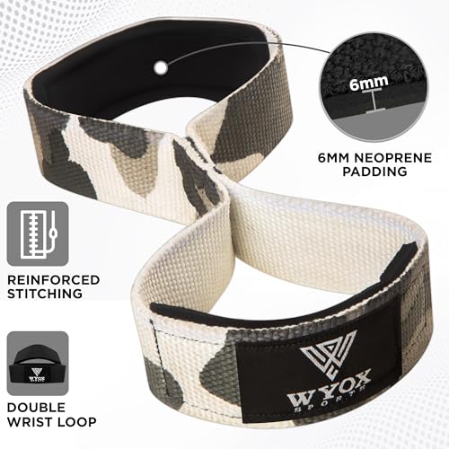 WYOX Figure 8 Lifting Wrist Straps for Weightlifting – Heavy Duty Padded Neoprene Wrist Support, Powerlifting & Strength Training Lift Straps for Deadlifts, Pull Ups, Rows, Shrugs, Gym Training Hand Grip Support for Bodybuilding - color: Camo, size: Stand