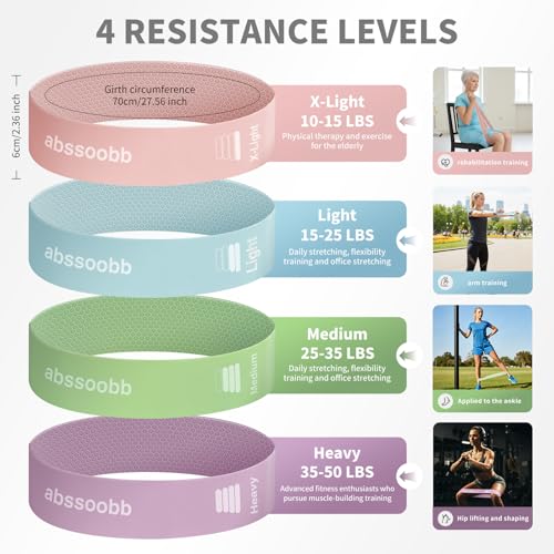Silicone Resistance Bands, 4-Pack Exercise Loop Bands | Latex-free silicone, honeycomb non-slip grip, 10-40 lb levels, for glutes, legs, physical therapy, Pilates, home gym