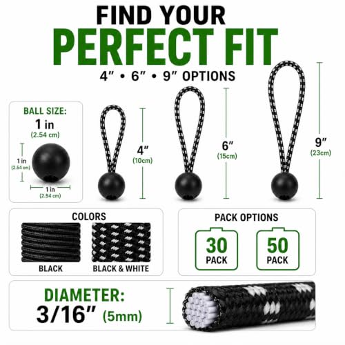 Heavy Duty Ball Bungee Cords 25lbs Breaking Strength, Stretches to 12 Inch, 50 Pcs 6 Inch Cords with Large 1-Inch Ball, UV Resistant Tarp Tie Downs for Canopy, Camping, Tents, Tarps, Black/White