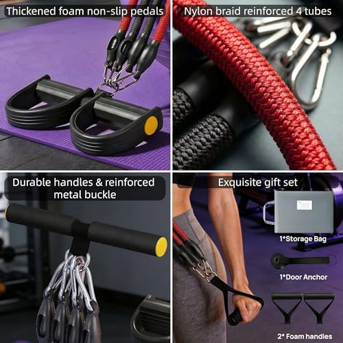Upgraded Pedal Resistance Band with 4x25 lbs Resistance Tubes Multifunction Home Gym Workout Equipment for Sit Up & Calves Back ABS Leg Hip Arm Exercise - color: Black+Red