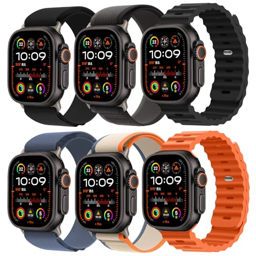 6 Pack Sport Band - Compatible with Apple Watch Ultra 2/Ultra Bands 49mm 45mm 44mm Men Women,Breathable Trail Loop+Alpine Loop+Ocean Bands for iWatch Ultra 2/Ultra Series 10 46mm SE 9/8/7/6/5/4 - color: 6-Color-2