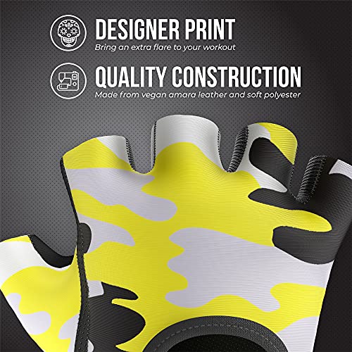 Contraband Pink Label 5217 Women's Design Series Camo Print Lifting and Rowing Gloves (Pair) - Lightweight Vegan Medium Padded Microfiber Amara Leather w/Griplock Silicone - color: Yellow, size: X-Small