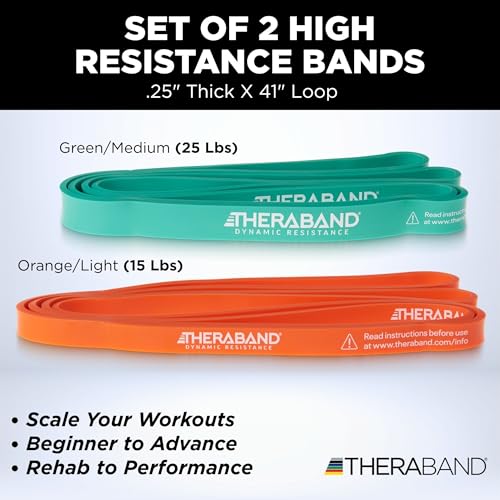 THERABAND High Resistance Band Set of 2, Light and Medium Elastic Super Bands for Full Body Workouts, Physical Therapy, Strength Training, Durable 41” Loop Exercise Bands, 15-25 lbs Resistance - size: 2 Pack Easy (15-25 lbs)