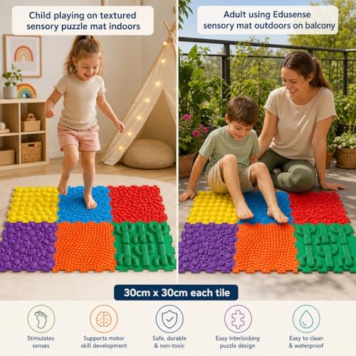 Edusense TPU Sensory Floor Tiles - Textured Puzzle Play Mat for Autistic Kids, Non-Slip Massage Game Mats for Sensory Indoor & Outdoor Use|6 Textures Interlocking Tiles for Sensory Therapy - color: Classical