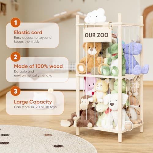 Dayacoco Stuffed Animal Storage, 2 Layer Wood Stuffed Animal Organizer Zoo, Toy Stuffy Storage Bin with Elastic Band and Net for Nursery Play Room Bedroom (Pine Wood) - size: 2 Tiers Without Wheels