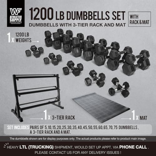 WF Athletic Supply Rubber Encased Hex Dumbbells with Rubber Grip Contoured Handle for Muscle Toning, Strength Building & Full Body Workout - color: z. 1200LB (5LB - 75LB) Dumbbell Set w/ 3-Tier Rack and Mat