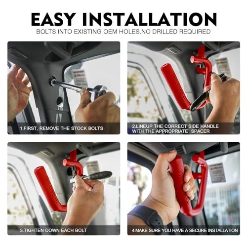 4PCS Aluminum Grab Handles Kit Compatible with 2007-2018 Jeep JK JKU, Red | Heavy-Duty Roll Bar, Rust-Resistant, Non-Slip, Easy to Install - color: Red