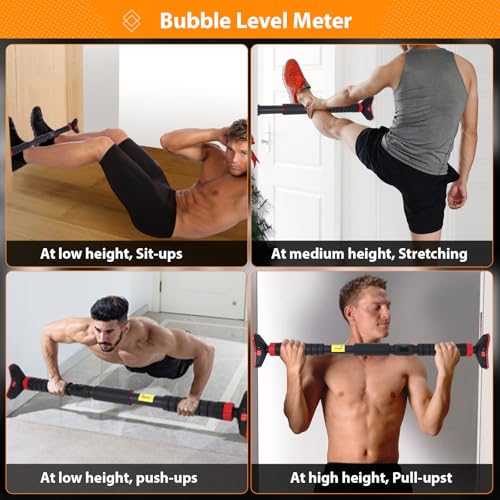 27-42 Inch Tension Pull Up Bar for Doorway with Level Meter, 27-42 Inch Adjustable Width Door Frame Pull Up Bar, Heavy Duty 440 LBS Home Gym Strength Training, No Screw or Drilling Installation