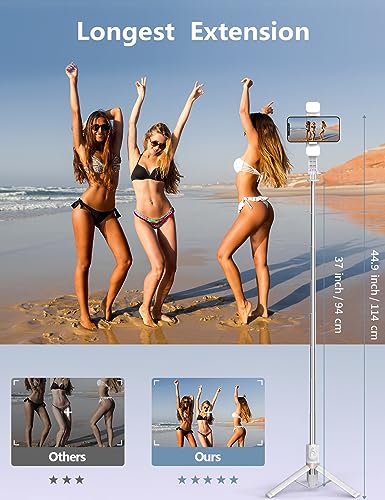 45'' Selfie Stick with Light, Travel Tripod Essentials with Wireless Remote | Portable Cell Phone Tripod Stand, Beach Cruise Ship Essentials for family, Compatible with 4-7.2" All Smartphone - color: White - 45" Standard Height
