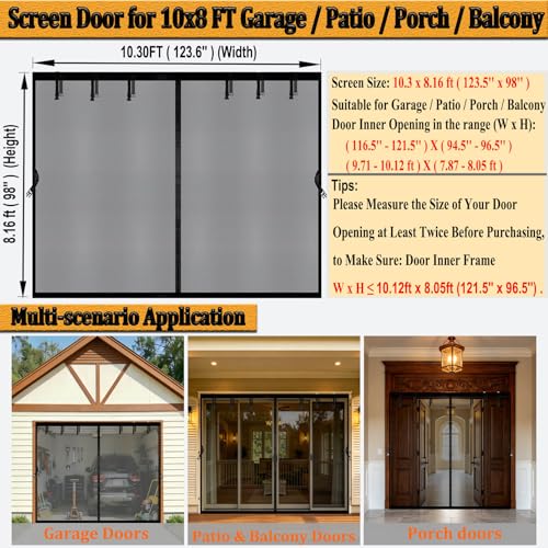 Magnetic Garage Door Screen 10x8 FT for 1 Car Garage, 10x8FT Fiberglass Screen Door, Heavy Duty Privacy Garage Net Screen, Hands-Free with 8 Roll Up Straps for Patio, Outdoor, Gym, Sun House Porch - size: 10x8ft