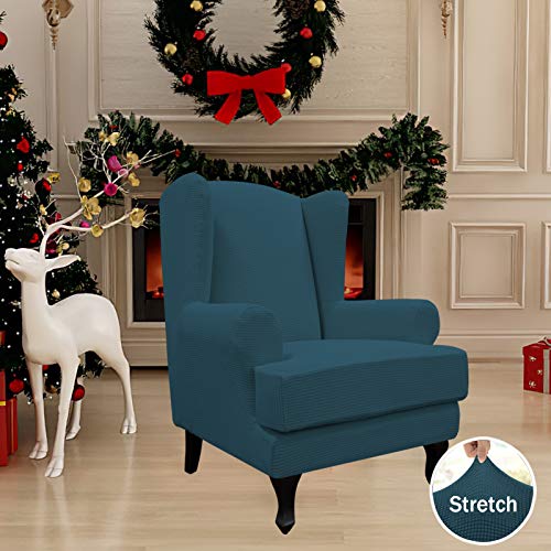 Easy-Going Stretch Wingback Chair Sofa Slipcover 2-Piece Sofa Cover Furniture Protector Couch Soft with Elastic Bottom, Spandex Jacquard Fabric Small Checks Deep Teal - color: Deep Teal