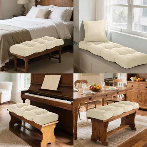 ELFJOY Non Slip Tufted Bench Cushion for Indoor Furniture 34"x16" Beige | 3.5" Thick, Soft and Breathable Fabric, Skin-Friendly, for Dining Entryway Window Storage Bench, Comfort for Long Sitting - color: Beige