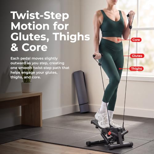 Sunny Health & Fitness Twist Stair Stepper with Resistance Bands | Low-Impact, Side-Twist Motion, Adjustable Step Height, Hydraulic Resistance, SunnyFit App, Up to 350 lb Capacity - color: Black Matte