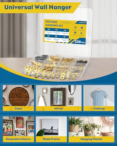Uniclife 230 Pcs Heavy Duty Picture Hanging Kit, Picture Hanging Hooks,Gold | Picture hangers,10-100 lb weight ratings, for drywall & wood, frame hooks for hanging photos mirrors paintings - size: 230 Pcs, style: Gold