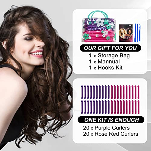 40pcs Heatless Spiral Hair Rollers with Styling Hooks, 22inch/55cm, No Heat Damage, DIY Kit for Long & Medium Hair - color: Purple&Red