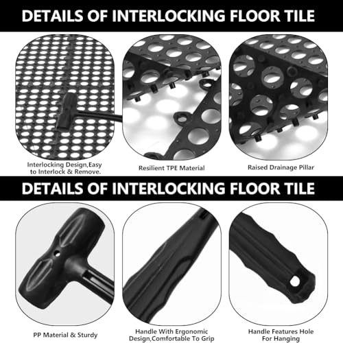 30 Pack Drainage Interlocking Tiles, 12"x12" Modular Interlocking Floor Tiles with 1 Pc Plastic Hammer Non Slip Rubber Floor mat with Holes for Pool Bathroom Deck Kitchen Patio (30, Black) - color: Black