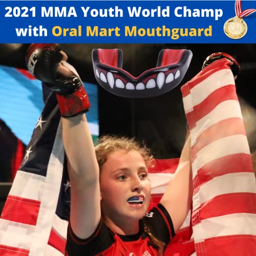 Oral Mart Youth Sports Mouth Guard for Kids (USA Flag, Fangs, 20+ Colors to Choose from) Mouthguard for Football, MMA, Karate, Boxing, Rugby, BJJ, Flag Football – /w Case (Youth, Strapless) - color: Fangs / Vampire