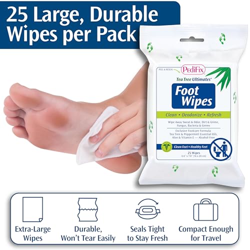 PediFix Tea Tree Ultimates Foot Wipes with Tea Tree Oil, Peppermint & Aloe | No-rinse wipes with tea tree oil, peppermint and aloe cleanse sweaty feet, control odor and refresh skin anywhere.