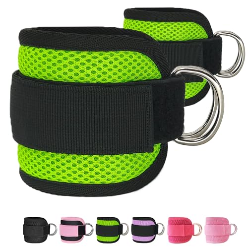 Fitness Ankle Straps for Cable Machines, 2 Pack Comfortable Adjustable Padded Ankle Wrist Cuffs, Kickback Glute Workouts for Men Women, D-Ring Leg Straps with Neoprene Padding - color: yy-Green