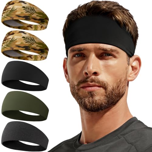 Sweat Band, 5 Pack Headband Moisture Wicking for Running Sports | Workout Sweatband, Unisex Fit, Non-Slip, Skin-Friendly, Multi-Use, Perfect for Exercise, Lightweight - color: 2 Jungle Leaf+Black+Green+Heather Gray