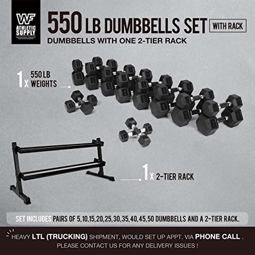 WF Athletic Supply Rubber Encased Hex Dumbbells with Rubber Grip Contoured Handle for Muscle Toning, Strength Building & Full Body Workout - color: x. 550LB Dumbbell Set w/ 2-Tier Rack