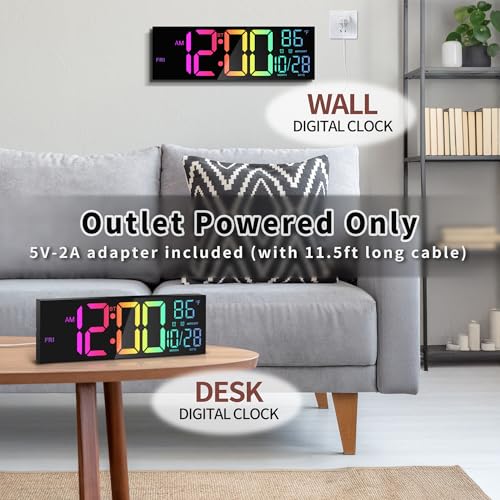 16.5" Digital Wall Clock with Bluetooth Auto-Sync, Large LED Display, Smart Auto Dimming, DST, Remote Control, Night Light, Date & Temperature for Living Room, Black - color: Black-multicolor