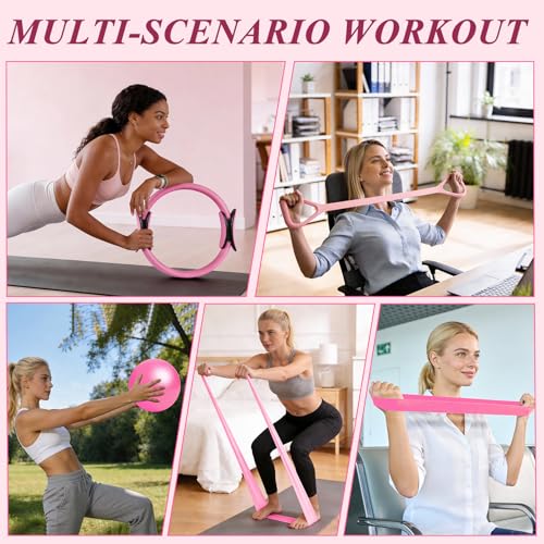 Pilates Ring and Small Ball Set for Women with 5 Resistance Bands, 14 inch Magic Circle Home Workout Essentials Starter Kit for Beginners, Yoga Sets for Full Body Toning Shape - color: Pink