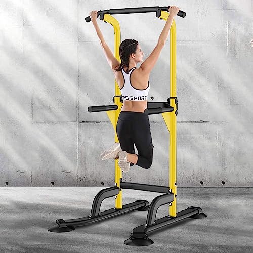 SogesHome Power Tower Pull Up Bar and Dip Station, Height Adjustable Dip Stand Exercise Machine for Home Gym, Multi-Functional Free Standing Strength Training Fitness Workout Station - color: Yellow