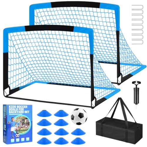 Soccer Goal, Kids Soccer Goals for Backyard Set- 2 Pack of Portable Pop Up Soccer Nets with Ball,Cones,Soccer Training Equipment for Toddler,Youth Outdoor Backyard Game - color: Blue Black, size: 6x4 FT