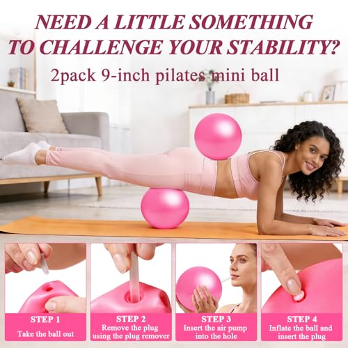 Pilates Ring and Small Ball Set for Women with 5 Resistance Bands, 14 inch Magic Circle Home Workout Essentials Starter Kit for Beginners, Yoga Sets for Full Body Toning Shape - color: Pink