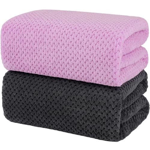 2 Pack Bath Towel Set, Waffle Bath Towel Set, Super Soft Highly Absorbent, Sturdy Quick Drying Towels for Bathroom, Gym, SPA, Yoga (2 Piece 30" x 60", 1Grey+1Purple) - color: 1grey+1purple, size: 30 x 60 Inch