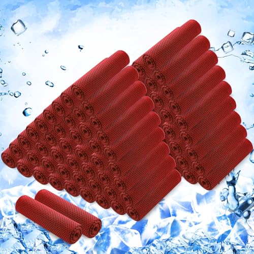 Hosuly 100 Pack Cooling Towels, 40"x12" Cooling Towels for Neck and Face Breathable Soft Chilly Sweat Rag Microfiber Sport Rags for Gym Yoga Golf Running - color: Red