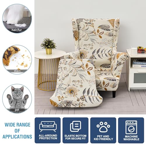 NILUOH Wingback Chair Slipcover 2 Pieces, Stretch Spandex Wingback Chair Covers Washable Slipcover for Wingback Armchairs Non-Slip Furniture Protector with Elastic Bottom for Living Room - color: 252