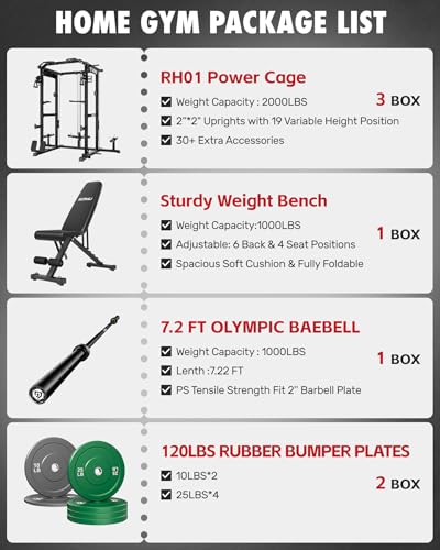 RH01 Power Cage Rack, 2000LBS Squat Rack with with Cable Crossover System&LAT Pull Down System, Multi-Function Workout Cage for Home&Garage Gym - color: Black, size: RH01 Power Cage with 120LB C Weights