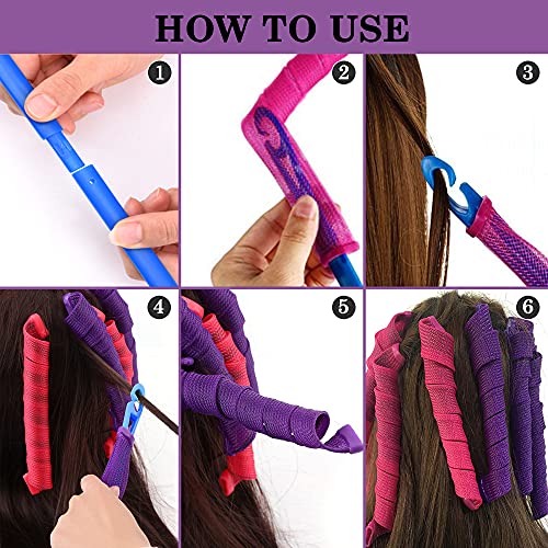 40pcs Heatless Spiral Hair Rollers with Styling Hooks, 22inch/55cm, No Heat Damage, DIY Kit for Long & Medium Hair - color: Purple&Red