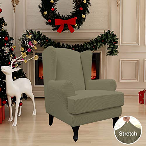 Easy-Going Stretch Wingback Chair Sofa Slipcover 2-Piece Sofa Cover Furniture Protector Couch Soft with Elastic Bottom, Spandex Jacquard Fabric Small Checks Khaki - color: Khaki