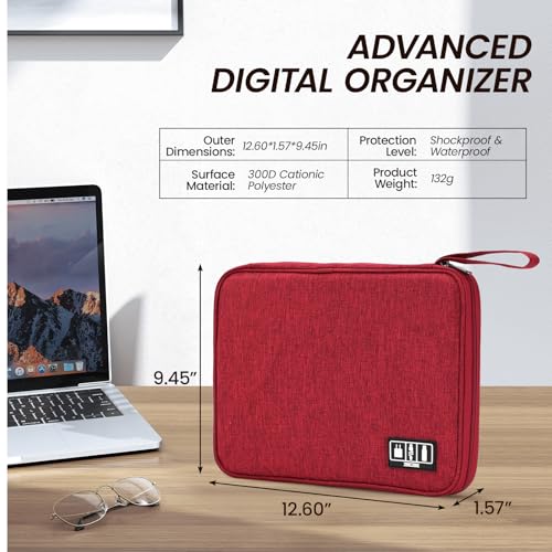 Large Slim Cable Organizer Travel Case, Single-Layer Electronic Accessories Pouch for Chargers, Cords, Power Bank, Mouse and SD Cards, 12.6 x 9.45 x 1.57 Inches - color: red, size: L